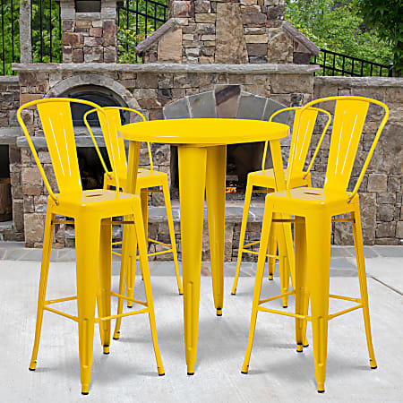 Flash Furniture Commercial-Grade Round Metal Bar Table Set With 4 Café Stools, 41"H x 30"W x 30"D, Yellow