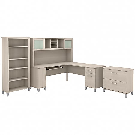 Bush® Furniture Somerset 72"W L-Shaped Desk With Hutch, Lateral File Cabinet And Bookcase, Sand Oak, Standard Delivery