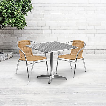 Flash Furniture Lila Square Aluminum Indoor-Outdoor Table With 2 Chairs, 27-1/2"H x 31-1/2"W x 31-1/2"D, Beige, Set Of 3
