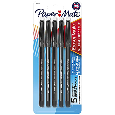 Paper Mate® EraserMate® Ballpoint Pens, Pack of 5, Medium Point, 1.0 mm, Black Barrel, Black Ink