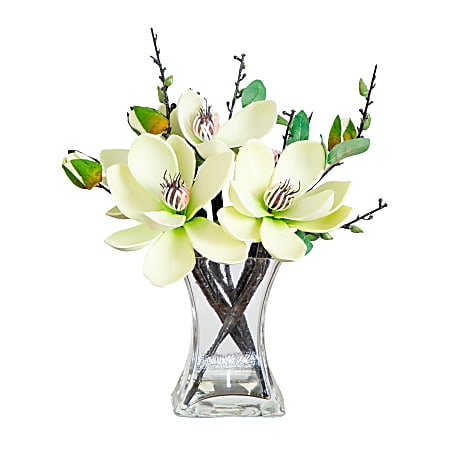 Nearly Natural 15"H Plastic Magnolia Arrangement With Vase, White