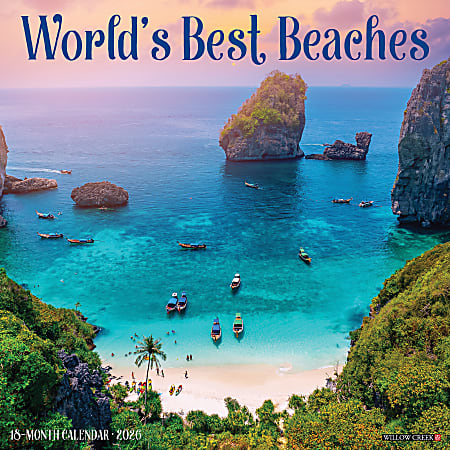 2026 Willow Creek Press Scenic Monthly Wall Calendar, 12" x 12", World's Best Beaches, January To December, 55670