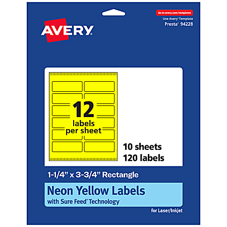 Avery® Print-To-The-Edge Labels With Sure Feed® Technology And Easy Peel®, 94228-NYP10, Rectangle, 1-1/4" x 3-3/4", Matte Neon Yellow, Pack of 120