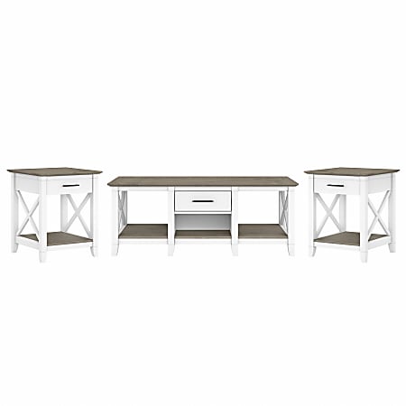 Bush Furniture Key West Coffee Table With Set Of 2 End Tables, Shiplap Gray/Pure White, Standard Delivery