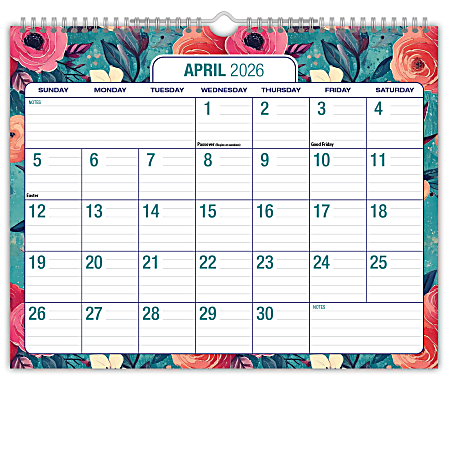 2026-2027 Excello Brands Academic Year Large Print Wall Calendar, 15" x 12", Teal Floral, April To December, Total Qty 1