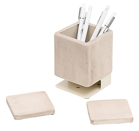 Realspace® Wood/Metal Pen Cup With Coasters, 5-1/4"H x 3-3/4"W x 3-3/4"D, Pine/Gold