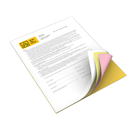 Xerox® Revolution™ Premium Digital Carbonless Laser Paper, 4-Part Straight, White/Canary/Pink/Goldenrod, Letter Size (8 1/2" x 11"), 1250 Sets Total, 125 Sets Per Ream, Case Of 10 Reams, 20 Lb, 92 Brightness