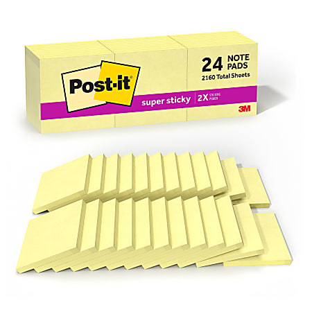Post-it® Super Sticky Notes, 3 in x 3 in, 24 Pads, 90 Sheets/Pad, 2x the Sticking Power, Canary Yellow