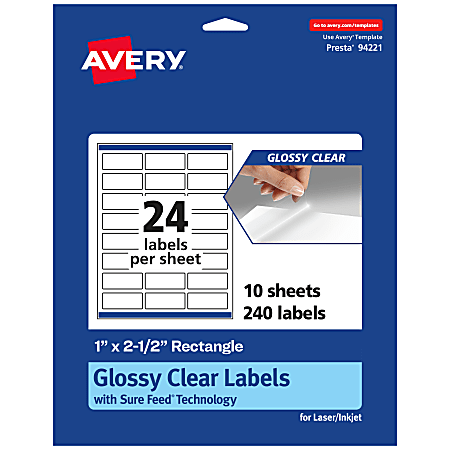 Avery® Glossy Permanent Labels With Sure Feed®, 94221-CGF10, Rectangle, 1" x 2-1/2", Clear, Pack Of 240