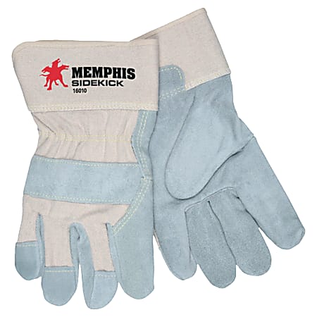 MCR Safety Sidekick Side Leather Gloves, Large, Blue/Gray, Pack Of 12