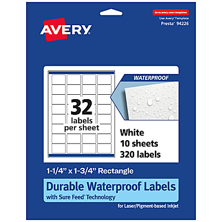 Avery® Waterproof Permanent Labels With Sure Feed®, 94226-WMF10, Rectangle, 1-1/4" x 1-3/4", White, Pack Of 320