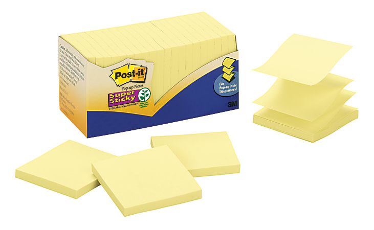 Post-it® Super Sticky Pop-up Refill Notes, 2" x 2", Canary Yellow, 45 Sheets Per Pad, Pack Of 20 Pads