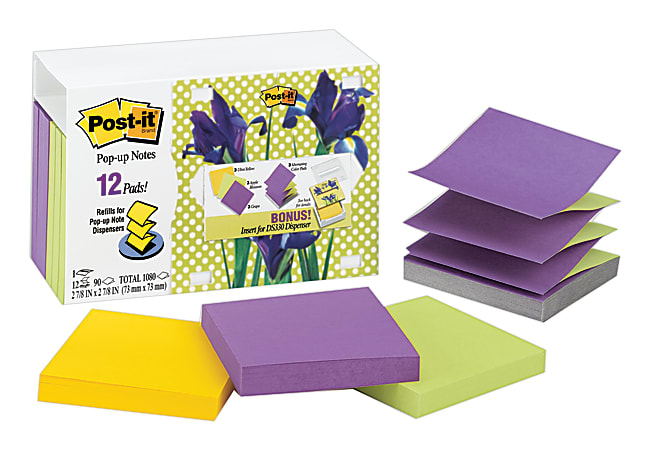 Post it® Pop up Notes, 3" x 3", Assorted Colors, Pack Of 12 Pads