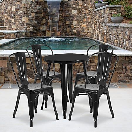 Flash Furniture Commercial-Grade Round Metal Indoor/Outdoor Table Set With 4 Café Chairs, Black