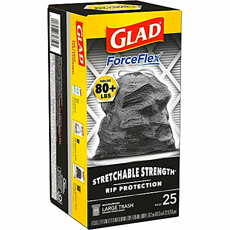 Glad ForceFlexPlus Large Drawstring Trash Bags Large Size 30 gal Capacity  0.90 mil 23 Micron Thickness Drawstring Closure Black 6Carton 25 Per Box  Home Office Can - Office Depot