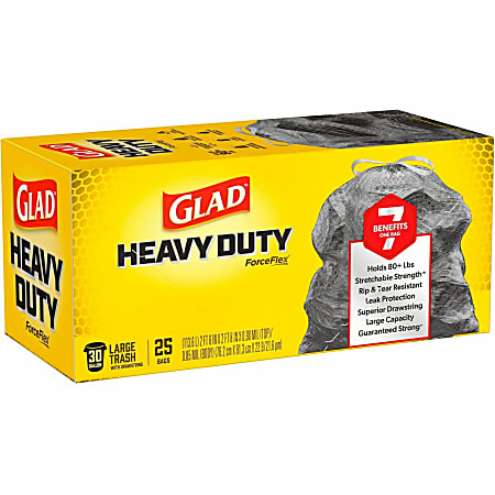 Glad ForceFlexPlus Large Drawstring Trash Bags - Large Size - 30 gal Capacity - 0.90 mil (23 Micron) Thickness - Drawstring Closure - Black - 6/Carton - 25 Per Box - Home, Office, Can