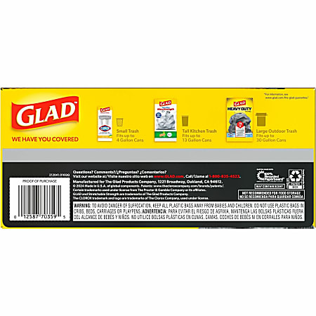 Glad ForceFlexPlus Large Drawstring Trash Bags - Large Size - 30 gal Capacity - 0.90 mil (23 Micron) Thickness - Drawstring Closure - Black - 6/Carton - 25 Per Box - Home, Office, Can