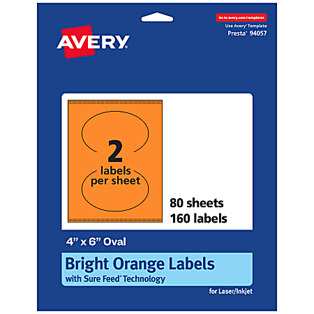 Avery® Print-To-The-Edge Labels With Sure Feed® Technology, 94057-BOP80, Oval, 4" x 6", Matte Bright Orange, Pack of 160