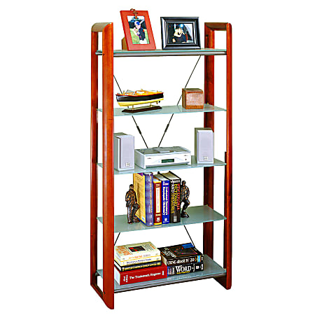 Studio RTA® Office Tech 5-Tier Bookcase, 60"H x 31"W x 13 1/8"D, Cherry/Glass