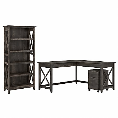 Bush Furniture Key West 60"W L-Shaped Desk With 2-Drawer Mobile File Cabinet And 5-Shelf Bookcase, Dark Gray Hickory, Standard Delivery