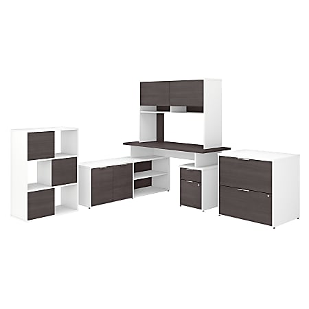 Bush Business Furniture Jamestown 60"W L-Shaped Desk With Hutch, Lateral File Cabinet And 6-Cube Organizer, Storm Gray/White, Standard Delivery