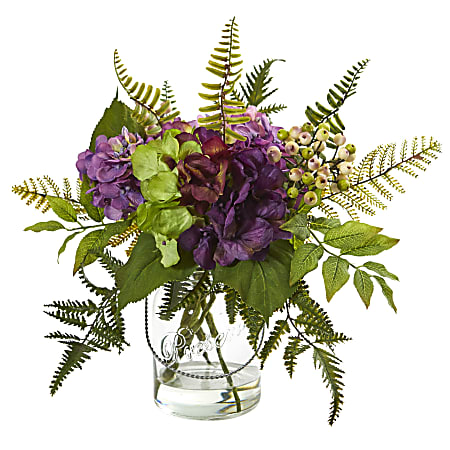 Nearly Natural Hydrangea & Berry 14”H Artificial Floral Arrangement, 14”H x 7”W x 7”D, Purple