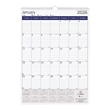 2026 Blueline DuraGlobe™ Monthly Wall Calendar, 12" x 17", Blue/White, January To December, C171203