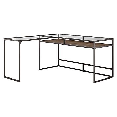 Bush Furniture Anthropology 60"W Glass Top L-Shaped Desk With Shelf, Rustic Brown Embossed, Standard Delivery