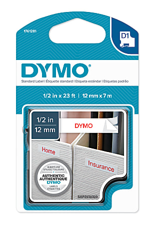 DYMO® D1 1761281 Red-On-White Tape, 0.5" x 23'