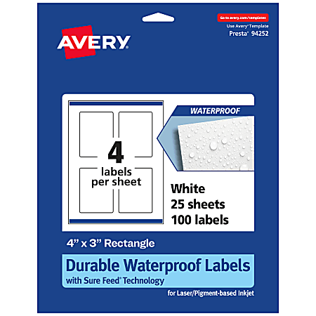 Avery® Waterproof Permanent Labels With Sure Feed®, 94252-WMF25, Rectangle, 4" x 3", White, Pack Of 100