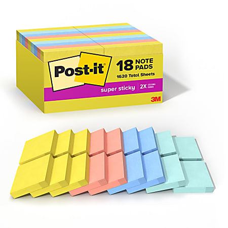 Post-it&reg; Super Sticky Notes, 1.88 x 1.88 in, 18 Mini Sticky Note Pads, 90 Sheets/Pad, 2X the Sticking Power, School and Office Supplies, Summer Joy