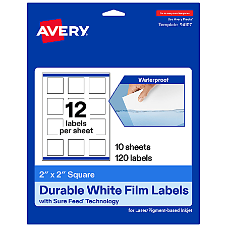 Avery® Waterproof Permanent Labels With Sure Feed®, 94107-WMF10, Square, 2" x 2", White, Pack Of 120