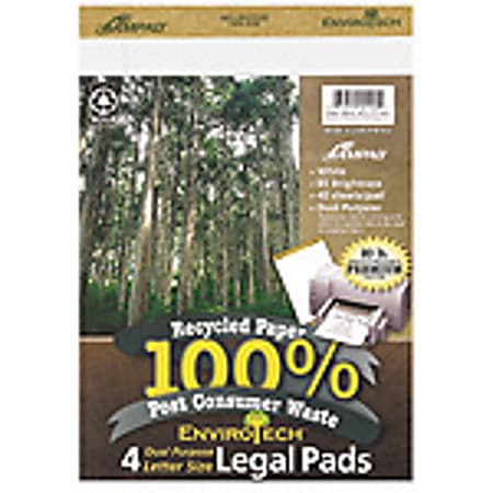 Ampad EnviroTech™ 100% Recycled Writing Pads, 8 1/2" x 11 3/4", College Ruled, 20 Sheets, White, Pack Of 4 Pads