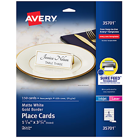 Avery® Printable Place Cards With Sure Feed Technology, 1-7/16" x 3-3/4", White With Gold Border, 150 Blank Place Cards