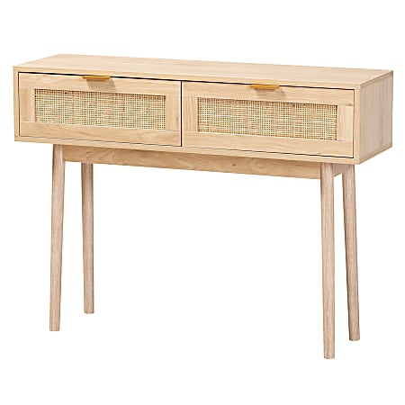 Baxton Studio Mid-Century Modern Rattan 2-Drawer Console Table, 29-1/2"H x 39-7/16"W x 11-13/16"D, Light Oak