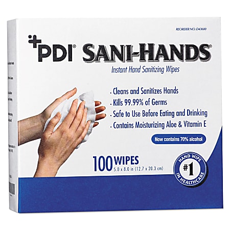 Sani Professional&reg; PDI Sani-Hands Instant Hand Sanitizing Wipes, 1-Ply, 8 x 5, White, 1,000/Carton