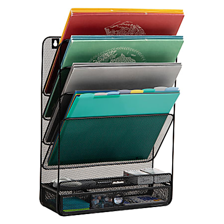 Mind Reader 4-Tier Wall Mount Vertical File Storage with Drawer, 16-1/2"H x 4"W x 12-1/2"L, Black