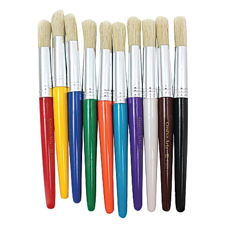 Charles Leonard, Inc. Round Stubby Brushes, 3/4", Round Bristles, Hog Hair, Assorted Colors, 3 Packs Of 10