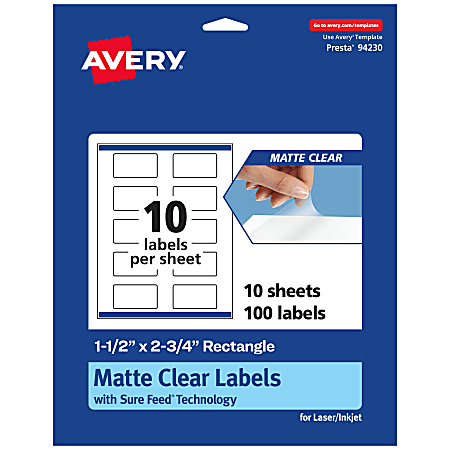 Avery® Permanent Labels With Sure Feed®, 94230-CMF10, Rectangle, 1-1/2" x 2-3/4", Matte Clear, Pack Of 100