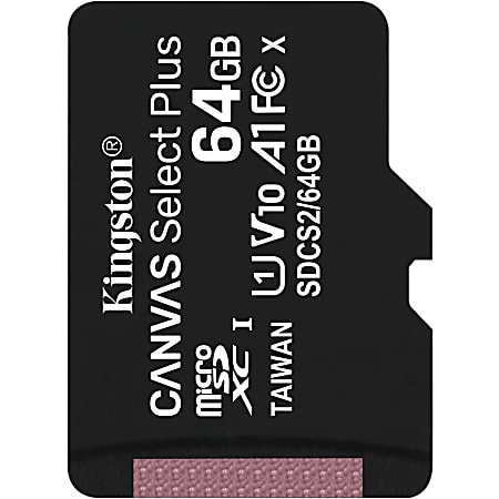 Kingston Canvas Select Plus SDCS2 64 GB Class 10/UHS-I (U1) microSDXC - 1 Pack - 100 MB/s Read - Lifetime Warranty