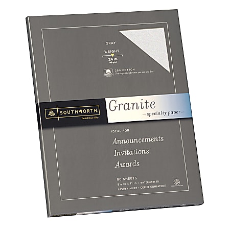 Southworth® 75% Recycled 25% Cotton Granite Specialty Paper, 8 1/2" x 11", 24 Lb, Gray, Pack Of 80