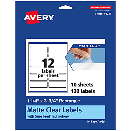 Avery® Permanent Labels With Sure Feed®, 94228-CMF10, Rectangle, 1-1/4" x 3-3/4", Matte Clear, Pack Of 120