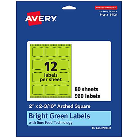 Avery® Print-To-The-Edge Labels With Sure Feed® Technology, 94124-BGP80, Arched Square, 2" x 2-3/16", Matte Bright Green, Pack of 960