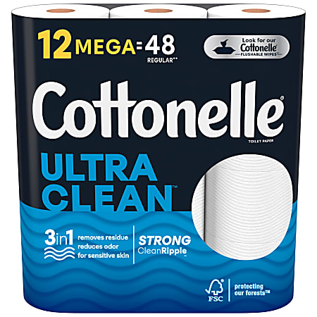 Cottonelle® CleanCare 2-Ply Bathroom Tissue, 3" x 3-7/8", White, 312 Sheets Per Roll, Pack Of 12 Rolls