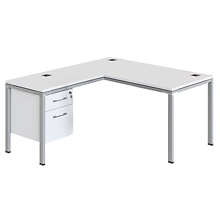 Boss Office Products Simple System Workstation L-Desk with Return & Pedestal, 29-1/2”H x 66”W x 65-7/16”D, White