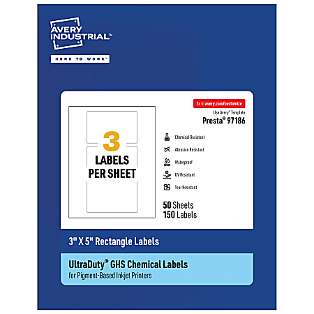 Avery® Ultra Duty® Permanent GHS Chemical Labels, 97186-WMUI50, Rectangle, 3" x 5", White, Pack Of 150