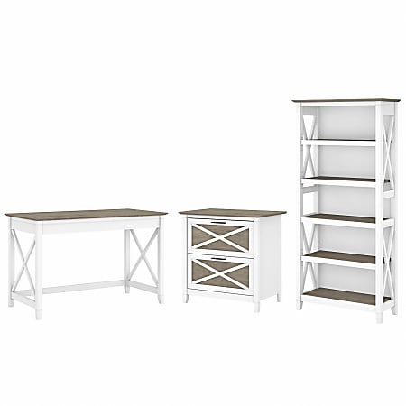 Bush Furniture Key West 48"W Writing Desk With 2-Drawer Lateral File Cabinet And 5-Shelf Bookcase, Shiplap Gray/Pure White, Standard Delivery