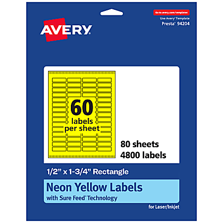 Avery® Print-To-The-Edge Labels With Sure Feed® Technology And Easy Peel®, 94204-NYP80, Rectangle, 1/2" x 1-3/4", Matte Neon Yellow, Pack of 4800