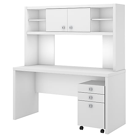 kathy ireland® Office by Bush Business Furniture Echo Credenza Desk With Hutch And Mobile File Cabinet, Pure White, Standard Delivery