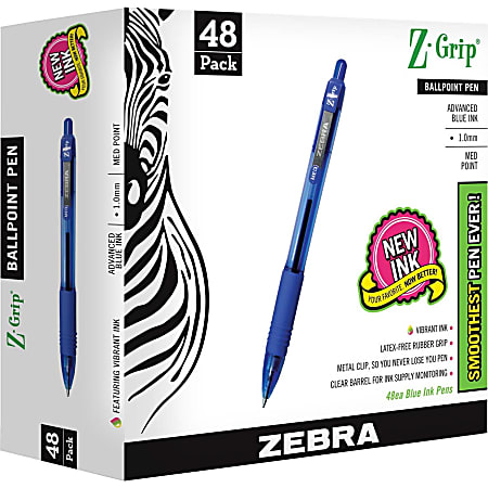 Zebra® Pen Z-Grip® Retractable Ballpoint Pens, Pack Of 48, Medium Point, 1.0 mm, Blue Barrel, Blue Ink